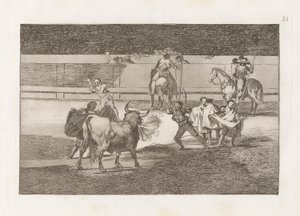 Banderillas de Fuego (banderillas with firecrackers), plate 31 fra tyrefekting av Francisco de Goya
