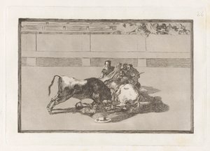 Caida de un picador de su caballo bajo del toro (En Picador er unhorsed og faller under oksen), plate 26 fra La tauromaquia av Francisco de Goya