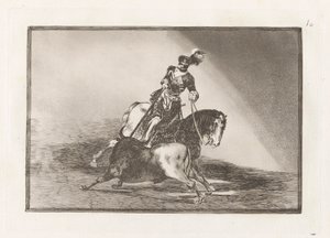 Carlos V. lanceando un toro en la plaza de Valladolid (Charles V spyder en okse i ringen ved Valladolid), plate 10 fra La tauromaquia av Francisco de Goya