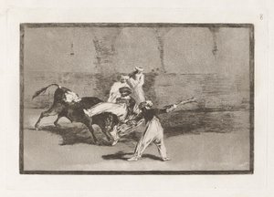Cogida de un moro estando en la plaza (En maur fanget av oksen i ringen), plate 8 fra La tauromaquia av Francisco de Goya