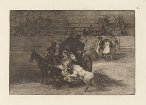 Kjemp i en vogn trukket til to muldyr, plate G fra La tauromaquia (tredje utgave) av Francisco de Goya