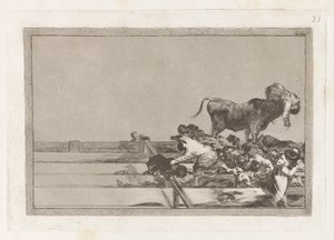 Ulykker som skjedde under leggingen av Madrid-plassen, og døden til borgermesteren i Torrejon (Fryktelige hendelser i ringens fremste rader i Madrid og Borgmesterens død), Plate 21 fra La tauromaquia av Francisco de Goya