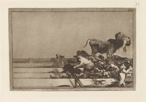 Ulykker som skjedde under leggingen av Madrid-plassen, og døden til borgermesteren i Torrej?n (Fryktelige hendelser i de forreste radene av ringen i Madrid og Death of the Mayor of Torrej?n), Plate 21 fra La tauromaquia av Francisco de Goya