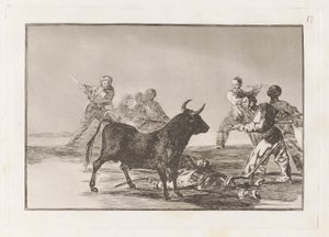 The Rabble Hamstring oksen med lanser, sigder, banderillas og andre armer, tallerken 12 fra La tauromaquia av Francisco de Goya