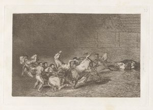 To lag med Picadorer kastet etter hverandre av en enkelt okse, plate 32 fra La tauromaquia av Francisco de Goya