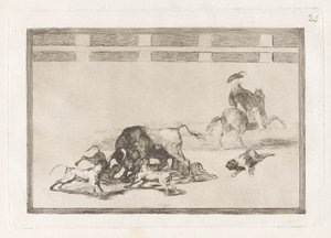 Echan perros al toro (They Loose Dogs on the Bull), Plate 25 fra La tauromaquia av Francisco de Goya