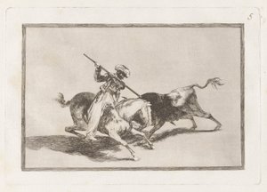 Er den livlige mauriske Gazul den første som kaster? okser i regel (The Spirited Moor Gazul er den første til å spyd okser i henhold til reglene), plate 5 fra La tauromaquia av Francisco de Goya