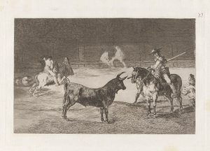 El c?lebre Fernando del Toro, barilarguero, tvinger udyret med stangen sin (The Celebrated Picador, Fernando del Toro, Draws the Fierce Beast on with his Pique), Plate 27 fra La tauromaquia av Francisco de Goya