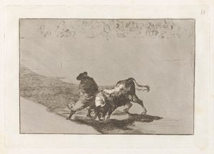Diestr?sm-studenten til False, preget erter oksen med pausene sine (The Very Skillful Student of False, Wrapped in his Cape, Trick the Bull with the Play of his Body), Plate 14 fra The Tauromachia av Francisco de Goya
