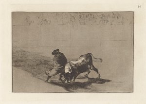 Diestr?sm-studenten til False, preget erter oksen med pausene sine (The Very Skillful Student of False, Wrapped in his Cape, Trick the Bull with the Play of his Body), Plate 14 fra The Tauromachia av Francisco de Goya