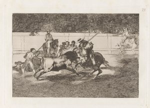 Den anstrengende Rendon som biter en okse, hvis skjebne døde han? en la plaza de Madrid (The Forceful Rendon Stabs a Bull with the Pique, from which Pass He Died in the Ring of Madrid), Plate 28 fra La tauromaquia av Francisco de Goya
