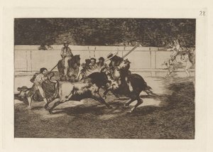 El esforzado Rendon picando un toro, de cuya suerte muri? en la plaza de Madrid (The Forceful Rendon Stabs a Bull with the Pique, from which Pass He Died in the Ring of Madrid), Plate 28 from La tauromaquia   1349556   no       norwegian Successfully Trans av Francisco de Goya