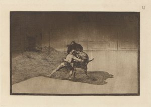 Den berømte Martinchoen, setter banderillas til pause. (The Famous Martincho Places the Banderillas Playing the Bull with Movement of his Body), Plate 15 fra La tauromaquia av Francisco de Goya