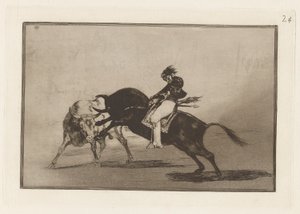 Den samme Ceballos montert på en annen okse bryter korte spyd i ringen i Madrid, plate 24 fra La tauromaquia av Francisco de Goya