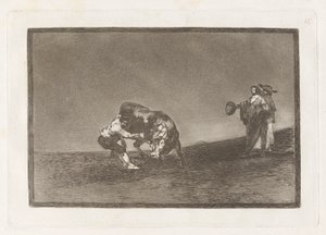Selv dumper han en okse på Madrids plaza (Den samme mannen kaster en okse i ringen i Madrid), plate 16 fra La tauromaquia av Francisco de Goya