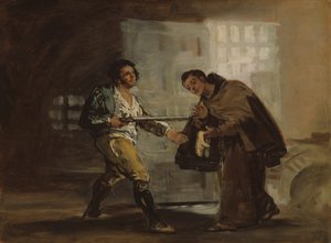 Friar Pedro tilbyr sko til El Maragato og forbereder seg på å skyve pistolen til side, ca. 1806. av Francisco de Goya