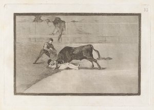 Den uheldige døden til Pepe Illo i ringen i Madrid (Den uheldige døden til Pepe Illo i ringen i Madrid), Plate 33 fra La tauromaquia av Francisco de Goya