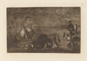 The Dogs Losse on the Bull, Plate C fra La tauromaquia (tredje utgave) av Francisco de Goya
