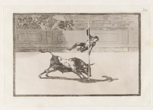 Letthet og frekkhet til Juanito Apinani i [ringen] i Madrid, Plate 20 fra La Tauromaquia av Francisco de Goya