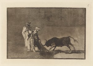 The Moors lager enda en capeo i ringen med badekåpen sin (The Moors Make a Different Play in the Ring Calling the Bull with their Burnous), Plate 6 fra La tauromaquia av Francisco de Goya