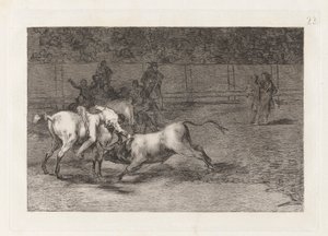 Mariano Ceballos, alias indianeren, dreper oksen fra hesten sin (Mariano Ceballos, Alias ​​​​indianeren, dreper oksen fra hesten sin), plate 23 fra La tauromaquia av Francisco de Goya