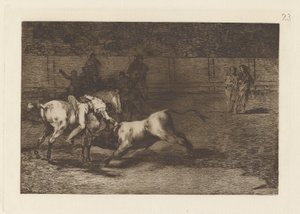 Mariano Ceballos, alias indianeren, dreper oksen fra hesten sin (Mariano Ceballos, Alias ​​​​indianeren, dreper oksen fra hesten sin), plate 23 fra La tauromaquia av Francisco de Goya