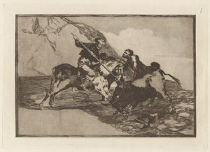 Hvordan jaktet de gamle spanjolene på oksene? hest i marken (måten som de gamle spanjolene jaktet okser på til hest i det åpne landet), Plate 1 fra La tauromaquia av Francisco de Goya