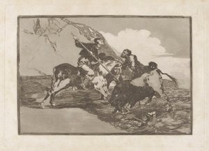 Hvordan jaktet de gamle spanjolene på oksene? hest i marken (måten som de gamle spanjolene jaktet okser på til hest i det åpne landet), Plate 1 fra La tauromaquia av Francisco de Goya