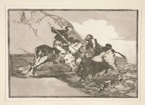 Hvordan jaktet de gamle spanjolene på oksene? hest i marken (Måten som de gamle spanjolene jaktet okser på til hest i det åpne landet), pl. 1 fra serien Bullfighting av Francisco de Goya