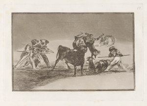 Palenque de los moros hecho con burros para defenderse del toro embolado (Maurerne bruker esler som en barriere for å forsvare seg mot oksen hvis horn har blitt tippet med baller), plate 17 fra La tauromaquia av Francisco de Goya