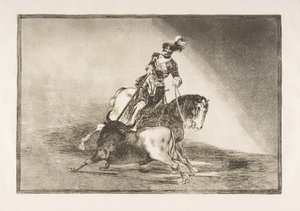 Plate 10 fra La Tauromaquia: Charles V spydte en okse i ringen ved Valladolid, 1816. av Francisco de Goya