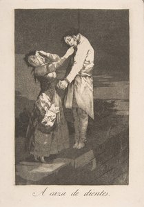 Plate 12 fra Los Caprichos: Ut på jakt etter tenner A caza des dientes., 1799. av Francisco de Goya