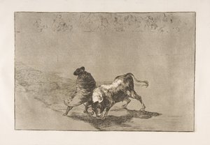 Plate 14 fra Tauromaquia: Den meget dyktige studenten til Falces, pakket inn i kappen sin..., 1816. av Francisco de Goya