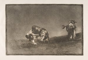 Plate 16 av Tauromaquia: Den samme mannen kaster en okse i ringen i Madrid., 1816. av Francisco de Goya