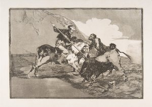 Plate 1 fra The Tauromaquia: Måten de gamle spanjolene jaktet okser på på hor..., 1816. av Francisco de Goya