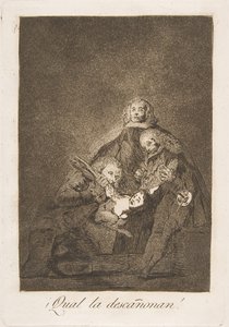 Plate 21 fra Los Caprichos: Hvordan de plukker henne! Qual decannon!, 1799. av Francisco de Goya