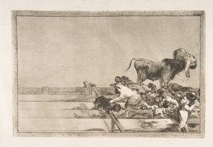 Plate 21 fra Tauromaquia: Forferdelige hendelser i de første radene av ringen i Madrid a..., 1816. av Francisco de Goya