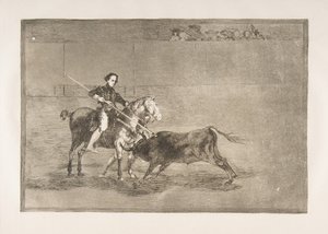 Plate 22 fra Tauromaquia: Mannlig mot til den berømte Pajuelera i [ringen] kl..., 1816. av Francisco de Goya