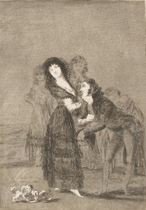 Plate 27 fra Los Caprichos: Hvilken av dem er den mest overvunne Quien mas rendido, 1799. av Francisco de Goya