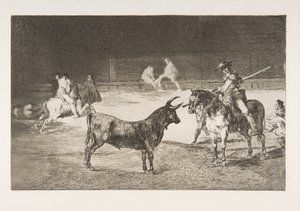 Tallerken 27 fra Tauromachia: Den berømte stikkeren, Fernando del Toro, tegner brenneren..., av Francisco de Goya