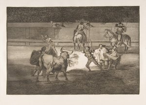 Plate 31 av Tauromaquia: Banderillas with firecrackers., 1816. av Francisco de Goya