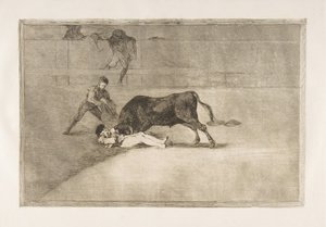 Plate 33 fra Tauromaquia: Pepe Illos uheldige død i ringen i Madrid., 1816. av Francisco de Goya