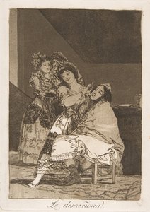 Plate 35 fra Los Caprichos: Hun flå ham Le descañona., 1799. av Francisco de Goya