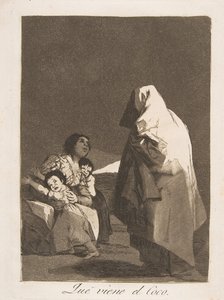 Plate 3 fra Los Caprichos: Her kommer bogey-mannen Que som kommer el Coco., 1799. av Francisco de Goya