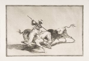 Plate 5 fra The Tauromaquia: Den livlige Moor Gazul er den første som spydde okser, 1816. av Francisco de Goya