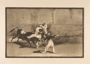 Plate 8 fra Tauromaquia: En myr fanget av oksen i ringen, ca. 1816. av Francisco de Goya