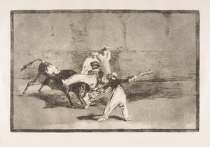 Plate 8 av Tauromaquia: En maur fanget av oksen i ringen, 1816. av Francisco de Goya