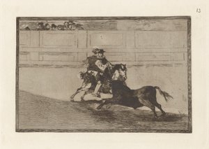 Un caballero espa?ol en plaza quebrando rejoncillos sin auxilio de los chulos (En spansk ridder i ringen som bryter korte spyd uten hjelp fra assistenter), plate 13 fra La tauromaquia av Francisco de Goya