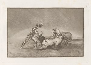 A Spanish Knight Kills the Bull after Having Lost His Horse (A Spanish Knight Kills the Bull after Having Lost his Horse), Plate 9 fra La tauromaquia av Francisco de Goya