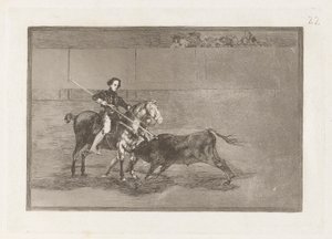 Valor manil de la c?lebre Pajuelera en la de Zaragoza (Manly Courage of the Celebrated Pajuelera in [ringen] ved Saragossa), plate 22 fra La tauromaquia av Francisco de Goya